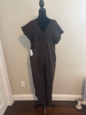 Palemo Japan Brown Smocked Jumpsuit Wide Leg Boho Minimalist Ruffle Sleeve NWT